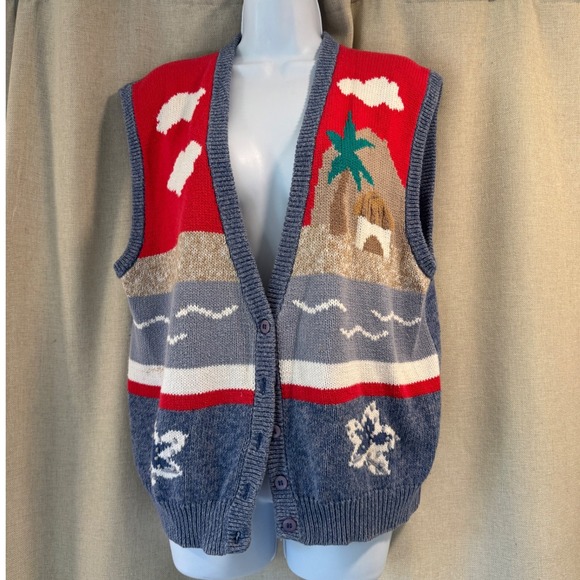Koret Jackets & Blazers - Vintage Koret Blue Beach Scene‎ Knit Vest Sweater Button Up Size L